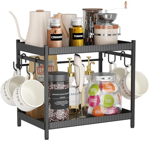 Lifewit 2 Etagen Kunststoff Tassenhalter mit Metallständer, Kaffee Organizer kaffeebar für Büro mit 4 Tassenhaken, Gewürzregal küchenschrank Organizer Küchenregal Arbeitsplatte für Küche, Schwarz