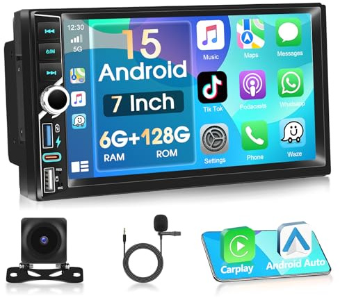 [6+128G] Autorradio 2 DIN A-pple Carplay Mejorado con Pantalla táctil IPS de 7 Pulgadas, Doble DIN, Android Auto Radio, Radio estéreo para Coche Android 15 con GPS/WiFi/Bluetooth 5.0/FM/EQ/UI/USB+AHD