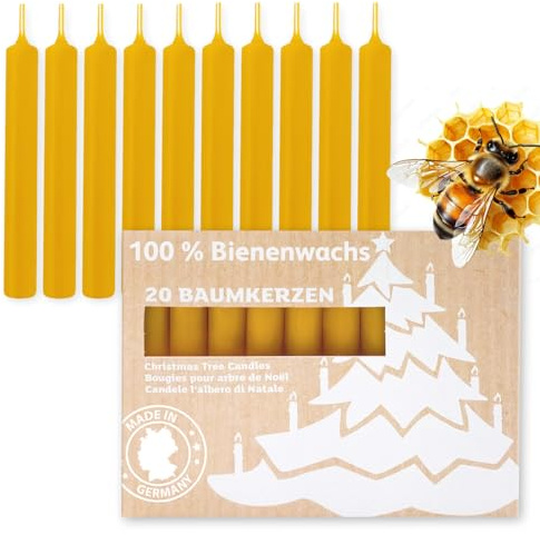 20 Baumkerzen 100% Bienenwachs, Weihnachtsbaumkerzen & Christbaumkerzen, Pyramidenkerzen 10,5 cm, Naturwachskerzen für Christbaum, Bienenwachskerzen Made in Germany