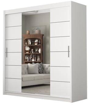 DELUXEWARE 2&3 Doors Sliding Door Wardrobe with Matt Finish – Bedroom Wardrobe with Full Length Mirror, Hanging Rail & Shelves | Strong MDF Storage Cabinet for Bedroom Furniture. (White, 203cm)