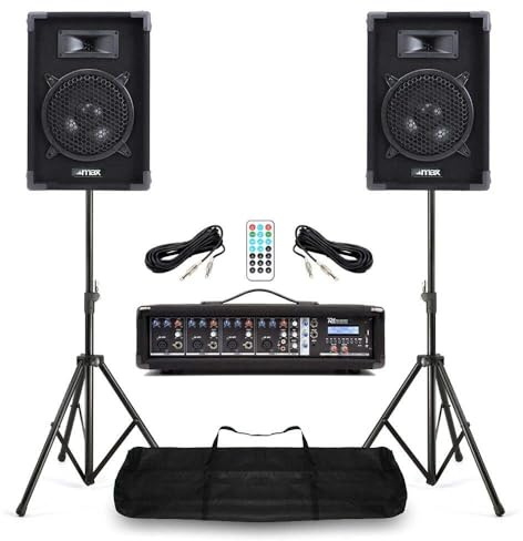 Power Dynamics & MAX PA Anlage Komplett Set – 8 Zoll Lautsprecher mit Stativ – 4 Kanal Mixer mit Verstärker & Echo – 800 Watt Musik Anlage mit Bluetooth, USB, SD & Tasche