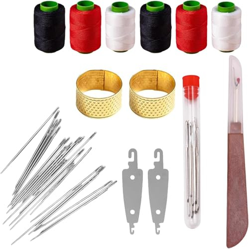 SKDFHOD Big Eye Stahl Nähnadel Set, 37 Stück Leder Nähset Nähset mit Nähgarn, Needles, Seam Ripper, Thimbles & Threaders, Compact Sewing Kit for Home & Travel, für Leder Werkzeuge Set für DIY Handwerk