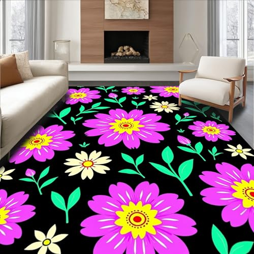 Design&I Flatwoven Area Rug 4x6 ft, Blooming Floral Latch Hook Cushion Needlework Pillow, Machine Washable, Stain Resistant Indoor Rug for Living Room, Bedroom, Non Slip Decor (Pad)