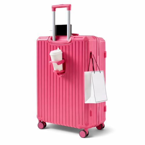 WYDEAZ Maleta de Cabina con Portavasos Equipaje de Mano Rígido con Soporte para Móvil, Doble Cerrojo y Ruedas 360° (Fucsia, Bodega(76cm))