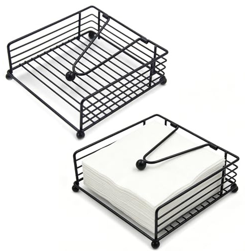 2 Pcs Napkin Holders for Tables, Metal Flat Serviette Holder with Weighted Arm Napkin Tray Square Napkins Dispenser Black for Kitchen Restaurants Cafes Picnic