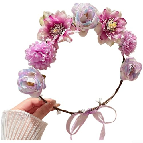 PureBowlic Blommigt pannband för kvinnor, handgjord boho blomkrona med konstgjorda vinstockar, mjukt hårtillbehör för vår- och sommarutflykter och fotograferingsrekvisita, rosa vitt guld blå (E)