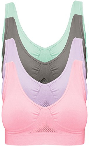 Sujetador sin Aros: Sujetador Deportivo sin Costuras en Paquete de 4 Unidades, Material sin Acolchado de 96% Nailon y 4% Spandex, Ancho de Tirantes Agradable y Ajuste cómodo, Rosa, Gris y Morado. M