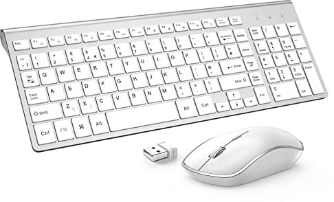 Wireless Keyboard and Mouse Set, JOYACCESS 2.4Ghz Slim Ergonomic Wireless Keyboard and Coreless Silent Mouse Combo 2400DPI for iMac/Mac/PC/Desktop/Computer/Laptop/Windows(UK layout) - Silver + White