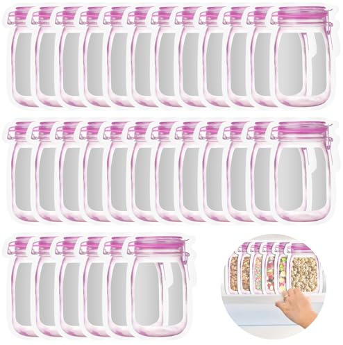 QKTYB 30PCS Mason Jar Bottles Bags Reusable Food Spice Storage Bags Snack Saver Container Airtight Seal Leak-Proof Zip-Lock for Travel Camping Picnic (Red,M)