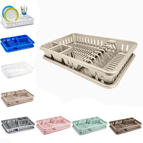 plastific Plastic Dish Drainer Plate Cutlery Rack Kitchen Sink Utensil Draining Cup Holder Plastic Dish Drainer Rack and Plastic Sink Drainer Tray (45 x 29.7 x 8cm, Taupe)