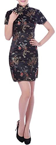 Black Sugar Qipao Abito corto e lungo con piccole maniche e motivo drago, broccato, Cheongsam, tunica, Nero , M
