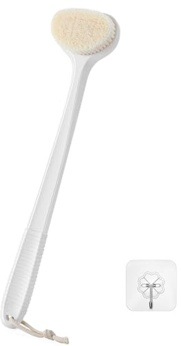 Cepillo para Espalda con Mango Largo de 43 cm, Agarre Antideslizante y Cerdas Moderadas, Exfoliación Suave para Ducha, Cepillo Corporal para Hombres y Mujeres – Blanco