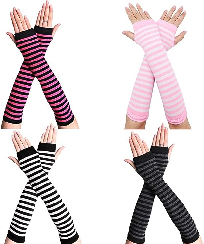 Scettar 4 Paare Damen Lange Fingerlose Handschuhe ,Gestreift Stricken Armwärmer für Frauen, Y2k Streifen Fingerlose Armstulpen Handschuhe für Herbst Winter