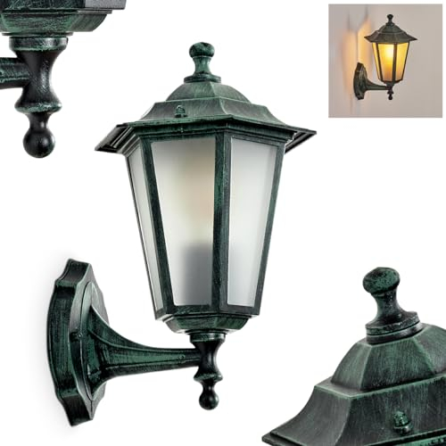 hofstein Lámpara de pared exterior Loria con aspecto antiguo, de metal/cristal, color negro verde/esmerilado, lámpara de pared estilo rústico, lámpara exterior para terraza, E27, sin bombilla, IP44