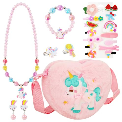 VGMANNTA Enhörning Handväska Med Smycken Set För Flicka 4-8 År - Halsband Armband Ring Set Födelsedagspresent - Rosa03A, M