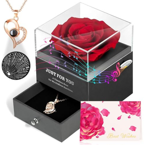 ADDWel Regalos Originales para Mujeres, Rosa Eterna Natural Preservada con Collar en Caja de Música, Regalo Aniversario Mujer, Regalos para Novia o Mama Rosas Preservadas para Cumpleaños San Valentin
