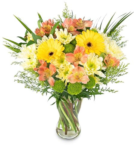 Seasons Joy Fresh Flowers Handcrafted Bouquet, Stunning Yellow Germini, Peruvian Lily, Palm and Chrysanthemum Mix, Thoughtful Gift for Birthday, Anniversary, Get Well, Sympathy or Any Special Occasion