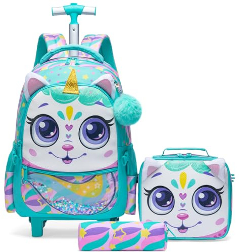 Egchescebo Kids Rolling Unicorn Backpack for Girls Trolley Suitcases Luggage Travel with Wheels Bookbag Wheeled 17 3PCS Roller Backpacks Set Toddler Back Pack School Bags for Elementary Green