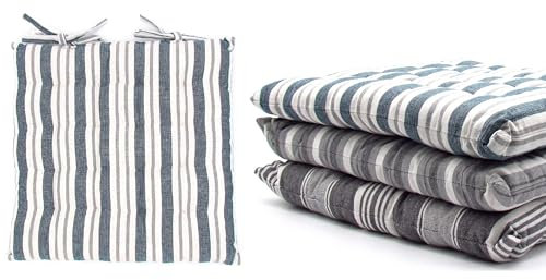 STEINWOHN 4 Stück Blau gestreifte Sitzkissen Stuhlauflagen 16-Punktesteppung mit Befestigungsbänder für Innen und Außen 38x38x5cm 3 Verschiedene Muster