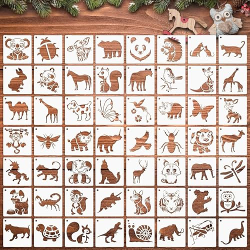 Biglumin 56pcs,Modelli Pittur Animali Stencils per pittura a forma di animali 7x7 cm,riutilizzabili,stencil decorativi fai da te,pittura,crapbooking,creazione biglietti,modelli da disegno (Animali)