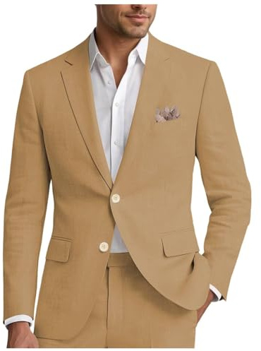 Conjunto de traje de lino de 2 piezas para hombre, blazer y pantalones, ajuste delgado, ligero, para primavera y verano, traje para negocios y bodas, caqui, 4XL