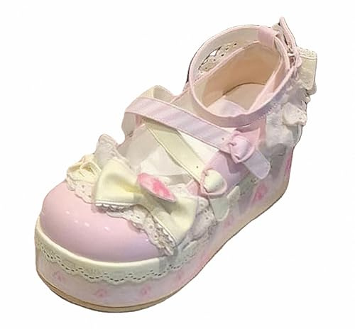 FQLGJMY Lolita Mary Jane läderskor för kvinnor gotisk stil rund tå tjock plattform klack spets spets punk rock stil kawaii stil med bubbla prinsessklänning JK