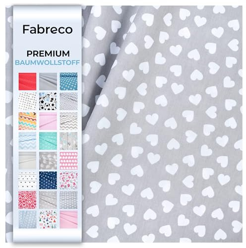 Fabreco - Baumwollstoff Meterware - 220g/lfm | Stoff Meterware mit Muster: Herzen grauer Hintergrund | Weich, langlebig & hautfreundlich