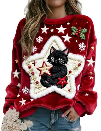 Sweat-Shirt de Noël en Flanelle avec imprimé Chat pour Femme, Style décontracté, élégant, Doux et Chaud, Pull de Noël Fantaisie à col Rond, Haut de Vacances, vêtements festifs Confortables