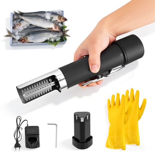 Aomdom Détartreur de Poisson électrique, sans Fil et Rechargeable, avec 2 têtes et des Gants, Professionnel Écailleur à Poisson pour écailler Le Poisson, idéal pour la Maison, Le Camping et la pêche
