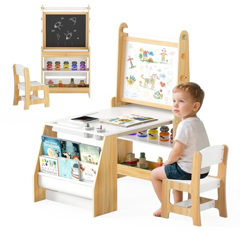 GOPLUS Barnbord med stol och staffli, skrivbord med whiteboard & krittavla, barnstol grupp inkl. tillbehör, konstbord för att skriva, rita, äta, för barn från 3 år (natur)