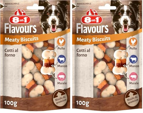 8in1 Galletas para Perros Flavours Meaty Biscuits – Deliciosas golosinas para Perros con Tres Notas de Sabor en un Aperitivo, Bolsa de 100 g (Paquete de 2)