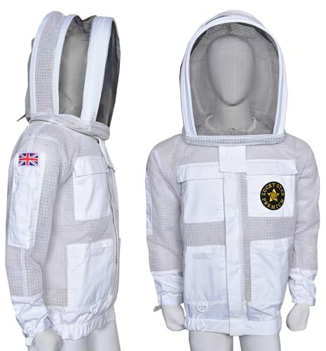 Lucky Star Premium 3-Layer Ventilated Beekeeping Jacket – Sting Proof Ultra-Breathable Mesh, Heavy-Duty Brass Zippers, Fencing Veil, Professional Beekeeper Protection + Free Gloves (White, L)