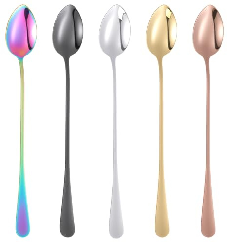 Guduling Sundae Spoon Set med 5 långa glassskedar i rostfritt stål 19,5 cm Kaffeskedar, dessertskedar, långdrinkskedar, latteskedar för kaffe, te och dessert (5)