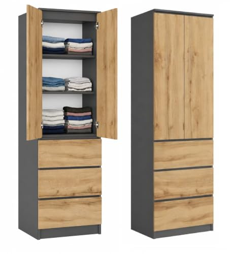 KUBUTKU Armoire multi-usages avec 3 tiroirs, 3 compartiments et 2 portes, pour chambre à coucher, salon ou couloir, 180,5 x 50 x 40 cm, graphite/chêne Wotan