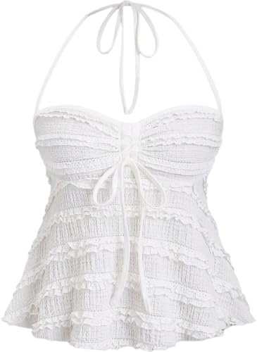 Xiaoliny Débardeur Femme Chic et Élégant Haut Court Col Halter à Lacets Été Crop Top Dentelle Style Peplum Décontracté Caraco sans Manche Bretelles Spaghetti Camisole Dos Nu Y2K Tops pour Plage Fête