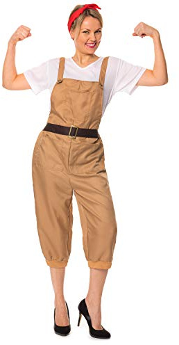 SoWest Women’s Land Girl Dungarees Fancy Dress Costume – Vintage Wartime Jumpsuit with Top & Headscarf | 1940s WW2 Style Workwear Overalls | Retro Pockets Playsuit Outfit, Camel - XXL