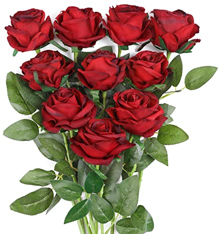 JUSTOYOU Rose Artificial,Silk Flowers with Stem Home,Single Long Stem Fake flower for Office Wedding Arrangements Light Wine Red(10 PCS,Burgundy)