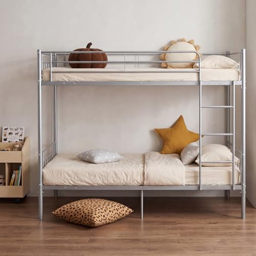 Panana Metal 3FT Single Bunk Bed Frame with Safety Guardrail 2-Storey Bed Bedroom Dorm Apartment Furniture for Adults Twins Teenagers Children (Silver)