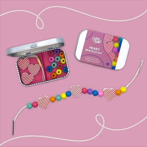 COTTON TWIST Kids Heart Bracelet Making Craft Kit - Children Creative Beading Jewellery Designing DIY Gift Play Set with Rectangular Tin