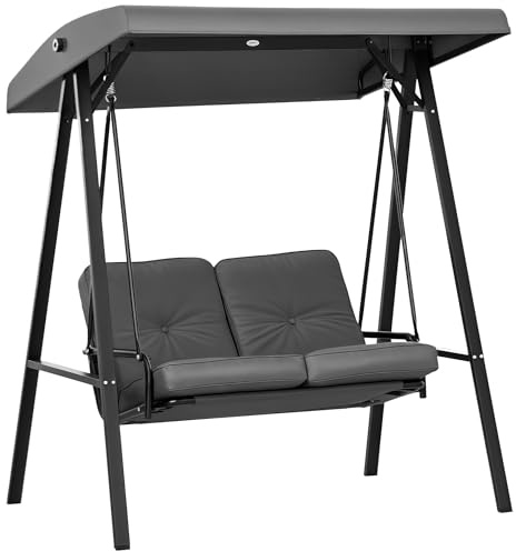 Outsunny 2 Seater Garden Swing Chair with Adjustable Tilting Canopy, Outdoor Hammock Bench with Steel Frame for Patio, 145 x 116 x 172 cm, Dark Grey