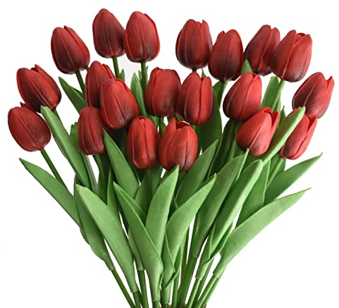 WISTART 20 st konstgjorda tulpaner blommor falska falska PU tulpanbukett äkta touch blomsterarrangemang för hem, rum, kontor, fest, bröllopsdekoration, utmärkt presentidé för mors dag (vinbär) röd)