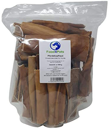 Food4Pets Pferdekopfhaut Hundeleckerli 1kg – natürlicher Kausnack aus 100% Pferd, für Langen Kauspaß und Beschäftigung Ihres Hundes