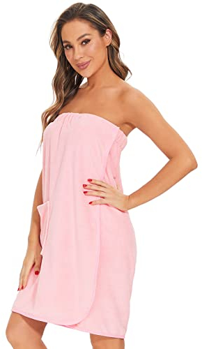 Ymmchy Sauna Frottee Bademantel Damen Saunatuch Saunakilt mit Druckknöpfen, Tasche und Gummizug Rosa S/M