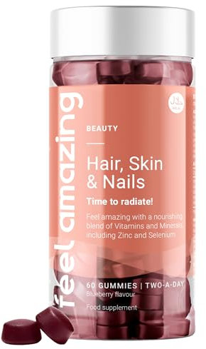 Feel Amazing Vegan Hair, Skin & Nails Complex Gummies - Beauty Support - with Zinc, Biotin, Vitamin C & D - Blueberry Flavour, Vegan, Halal, 60 Gummies, 30-Day Supply (1)