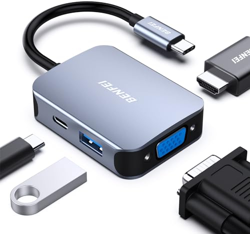 HUB USB C 4 en 1, BENFEI adaptateur USB C vers HDMI VGA, adaptateur USB Type-C vers USB, compatible pour MacBook Pro/Air, iPhone 15 Plus Pro Max, Surface Book 2, Dell XPS 13/15,Pixelbook et plus- Gris