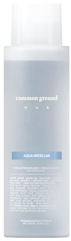 COMMON GROUND NUE Aqua Micellar Water Makeup Remover 3-in-1 Cleanser, Astringent, Makeup Remover, Non-Greasy, No-Rinse, Hydrating, Plant-Based, Organic Aloe Vera & Cucumber, 8.4 Fl Oz