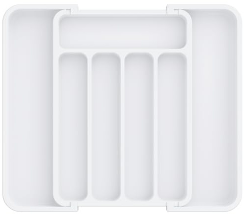 Aujen Besteckkasten für Schubladen -Abnehmbar Besteckeinsatz für Schubladen, Erweiterbar Praktischer Schubladeneinsatz, Effiziente und Vielseitiger Küchen Organizer, Weiß, Mittel