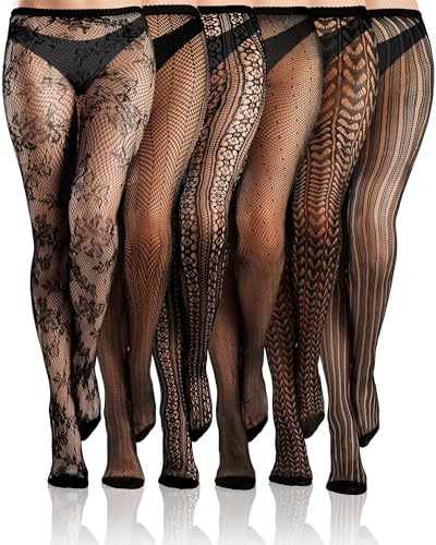 Ramede 6 Pairs Women Fishnet Thigh High Stockings Waist Tights Striped Patterned Fish net Leggings Pantyhose for Halloween(Black,M)