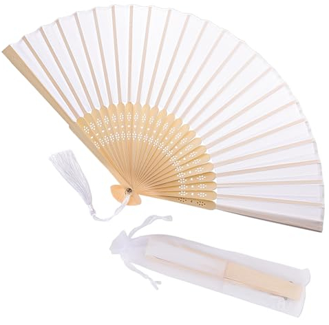Vaktop Handfächer, Klein Handfächer aus Stoff für eine Abkühlung im Sommer, Faltbar Handfächer mit Quaste und Fan-Tasche - für Hochzeite Bevorzugung Aufführung Tanz Dekoration (Weiß)