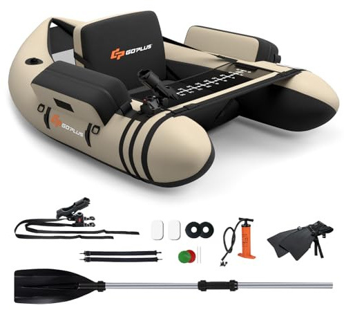 GOPLUS Barca Hinchable para Pesca, Barco Inflable con Portacaña de 360 Grados, Remo de Aluminio, Bomba sin Motor,Respaldo Ajustable, Bote Hinchable para Adults, Carga 150 kg (Beige)